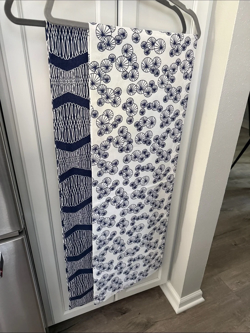 Navy and White Patterned Table Runners- 13.5”x74”ea. Fun for patio, dining table